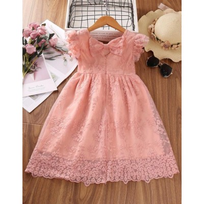 Toddler Girls Floral Embroidery Ruffle Trim Bow Back Lace Dress